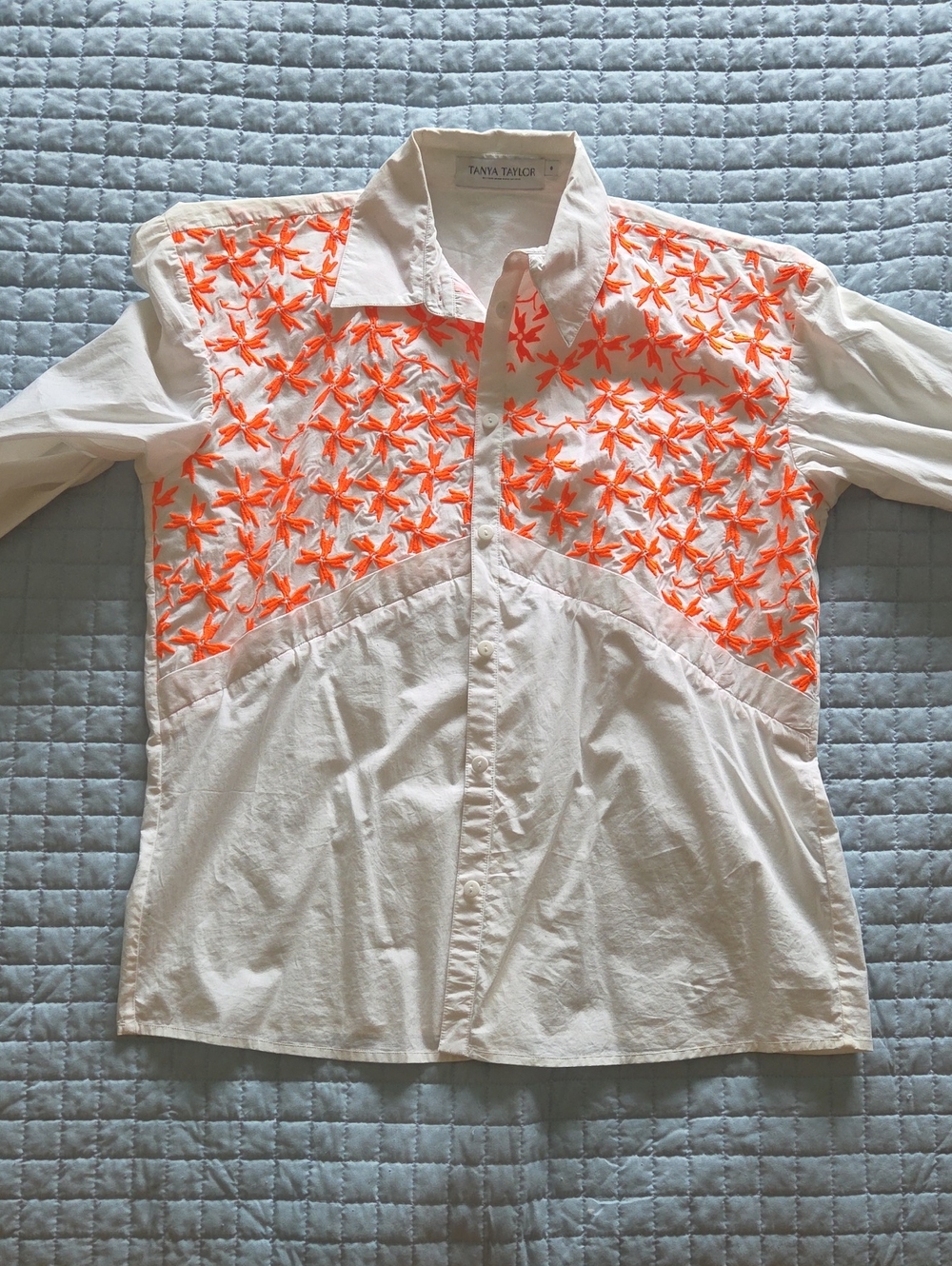 Tanya Taylor White Button-Front Shirt with Neon Orange Embroidery